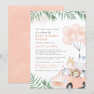 Invitación Animales Safari De Coche Rosado De Rubor Manejados