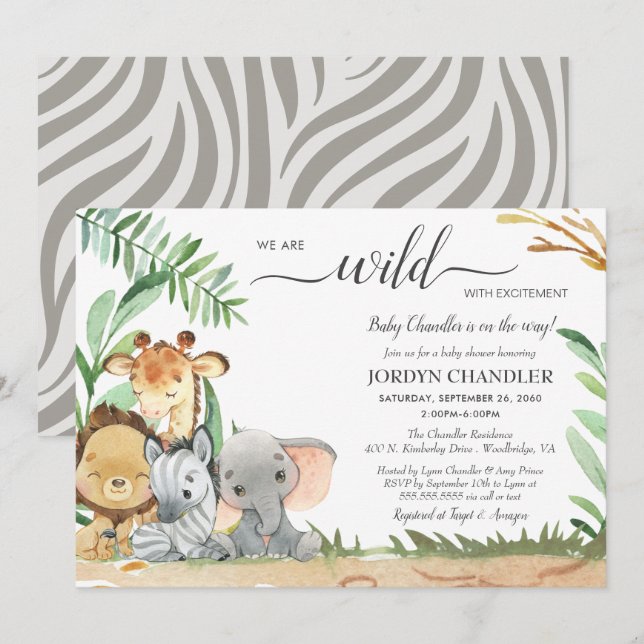 Invitación Animales Safari deseosos de emoción en Baby Shower (Anverso / Reverso)