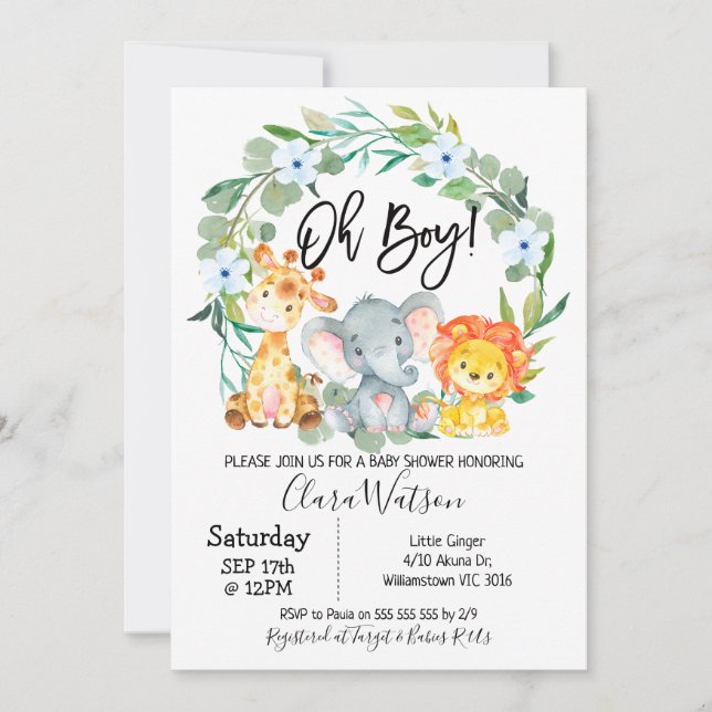 Invitación Animales Safari escribieron Baby Shower (Anverso)