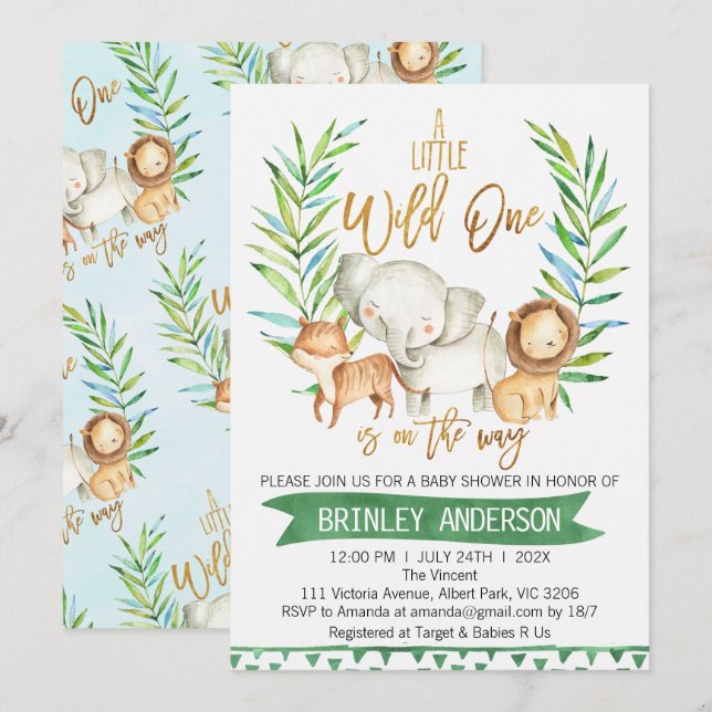 Invitación Animales Safari invitan a Baby Shower (Anverso / Reverso)