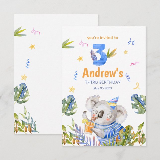 Invitación Animales Safari Koala, Cumpleaños Koala  (Anverso / Reverso)