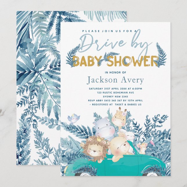 Invitación Animales Safari Manejados Por Baby Shower (Anverso / Reverso)