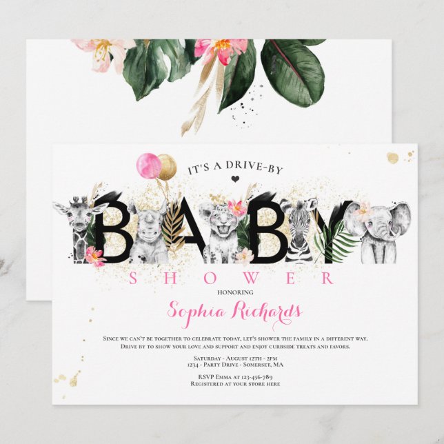 Invitación Animales Safari manejados por Baby Shower Greenery (Anverso / Reverso)