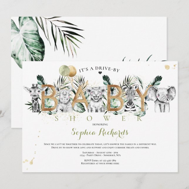 Invitación Animales Safari manejados por Baby Shower Greenery (Anverso / Reverso)