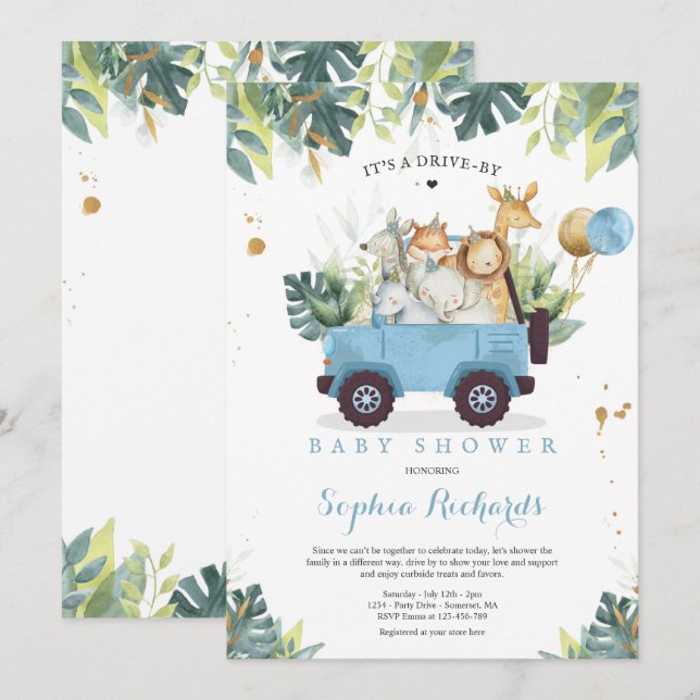 Invitación Animales Safari manejados por Baby Shower Greenery (Anverso / Reverso)