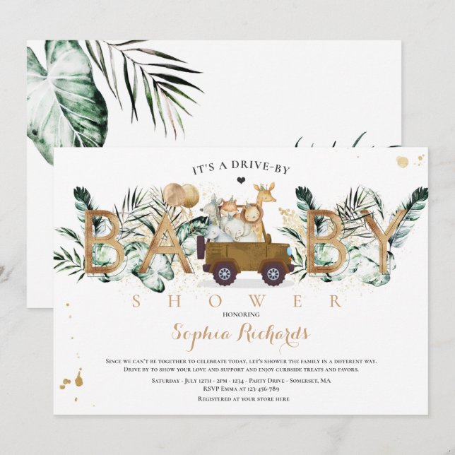 Invitación Animales Safari manejados por Baby Shower Greenery (Anverso / Reverso)