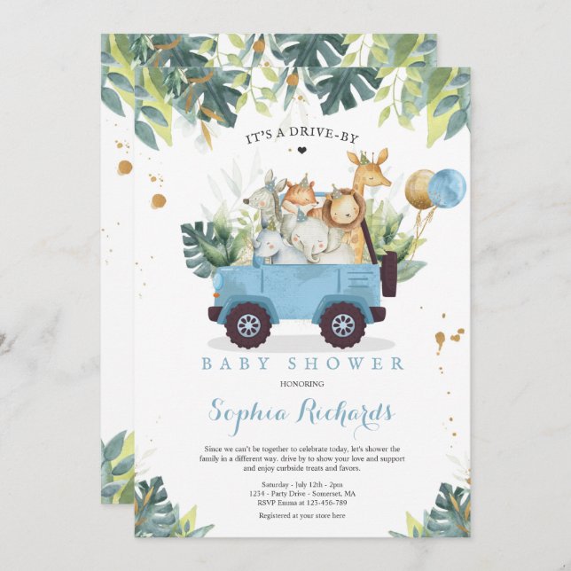 Invitación Animales Safari manejados por Baby Shower Greenery (Anverso / Reverso)