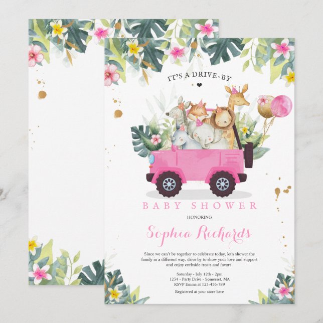 Invitación Animales Safari manejados por Baby Shower Greenery (Anverso / Reverso)