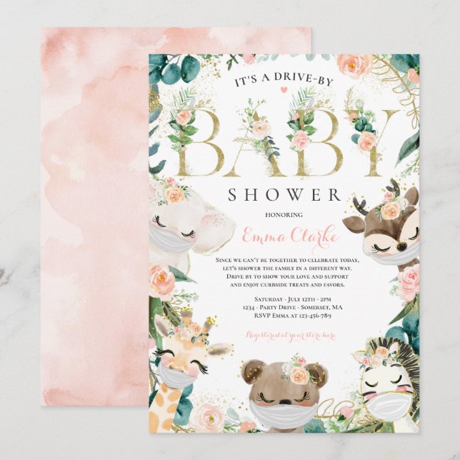 Invitación Animales Safari Manejados Por Baby Shower Greenery (Anverso / Reverso)