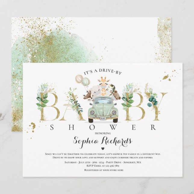 Invitación Animales Safari manejados por Baby Shower Greenery (Anverso / Reverso)