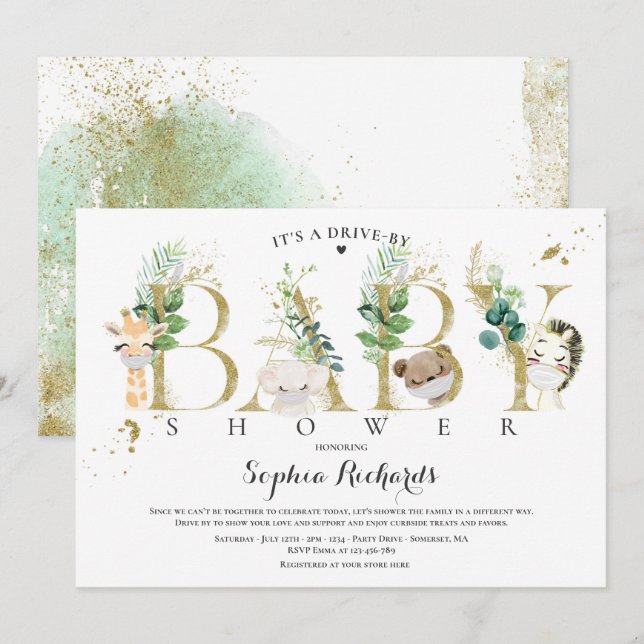 Invitación Animales Safari manejados por Baby Shower Greenery (Anverso / Reverso)