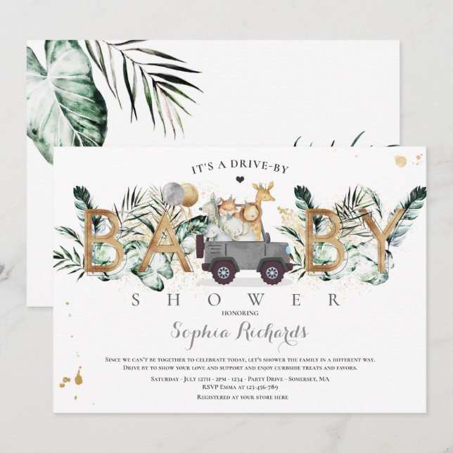 Invitación Animales Safari manejados por Baby Shower Greenery (Anverso / Reverso)
