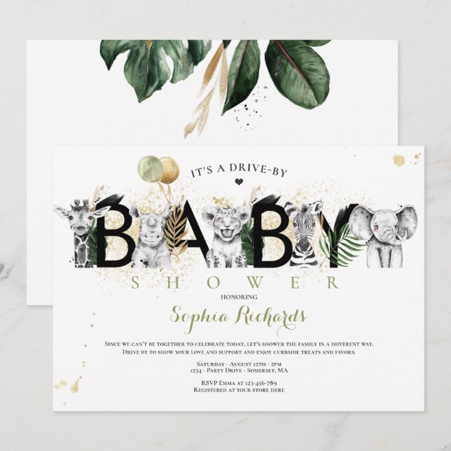 Invitación Animales Safari manejados por Baby Shower Greenery (Anverso / Reverso)