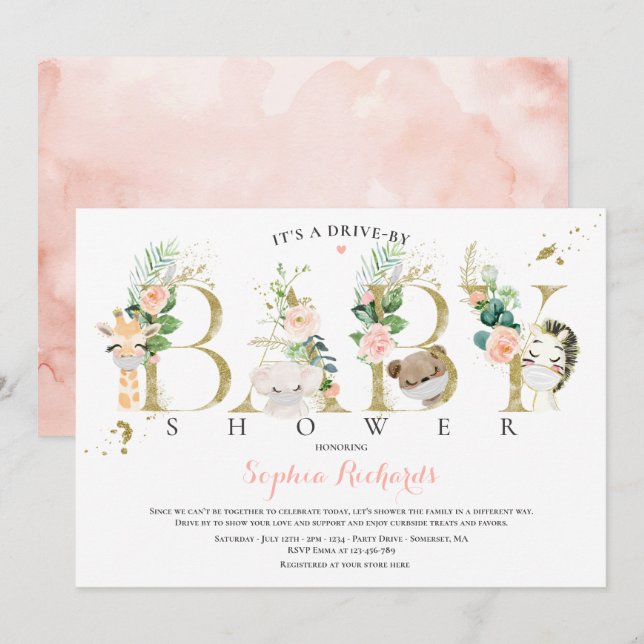 Invitación Animales Safari Manejados Por Baby Shower Greenery (Anverso / Reverso)