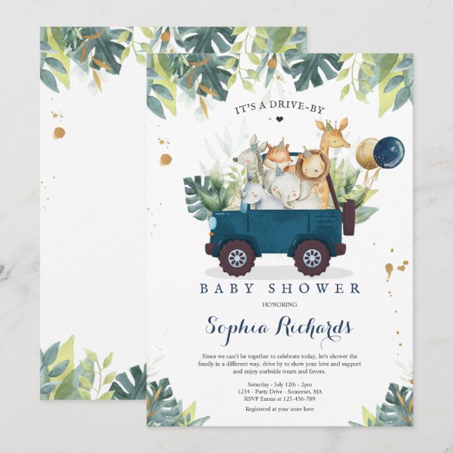 Invitación Animales Safari manejados por Baby Shower Greenery (Anverso / Reverso)