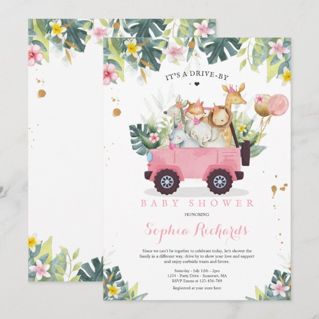 Invitación Animales Safari manejados por Baby Shower Greenery (Anverso / Reverso)