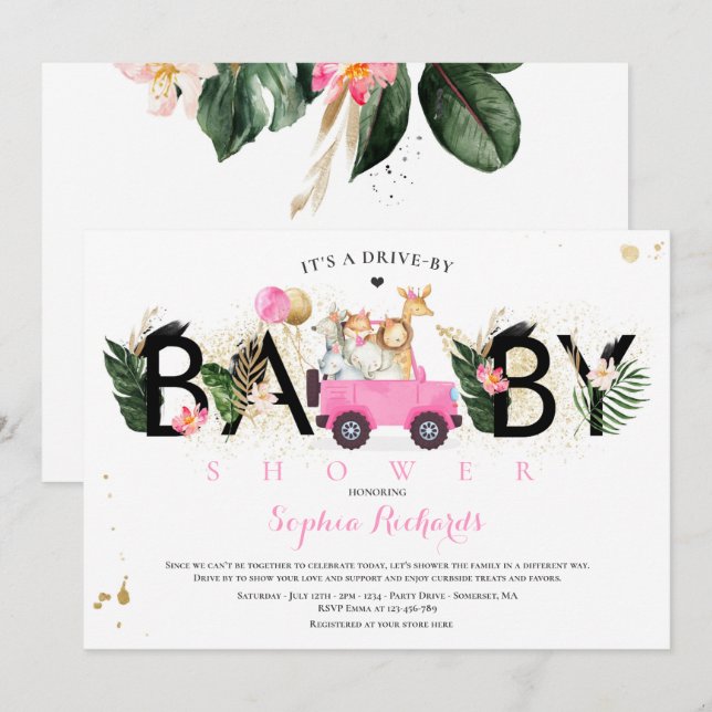 Invitación Animales Safari manejados por Baby Shower Greenery (Anverso / Reverso)