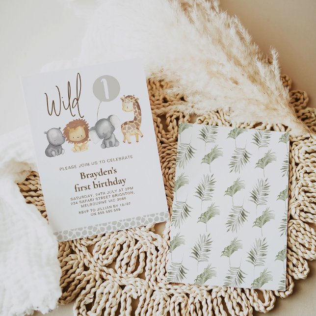 Invitación Animales Safari modernos salvajes un primer cumple (Modern simple wild one safari animals 1st birthday invitation with balloon and giraffe print pattern)