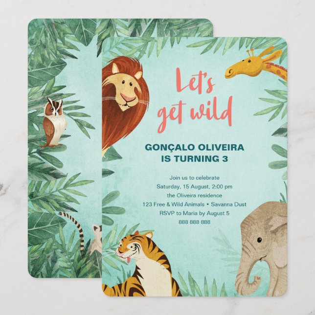 Invitación Animales Safari Nacimiento Fiesta de la Selva deja (Anverso / Reverso)