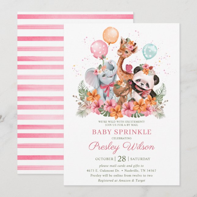 Invitación Animales Safari Niña Fiesta de Bienvenida del Bebe (Anverso / Reverso)