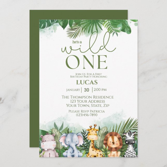 Invitación Animales Safari Salvajes Un Niño Primer Cumpleaños (Anverso / Reverso)