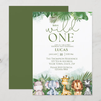 Invitación Animales Safari Salvajes Un Niño Primer Cumpleaños