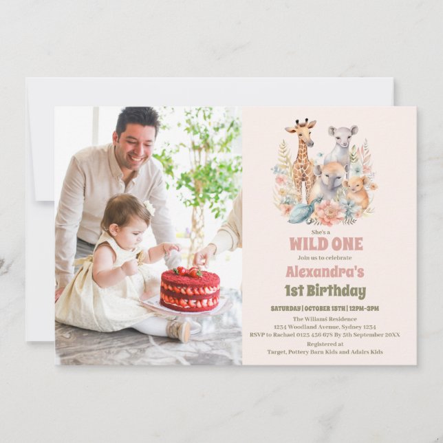 Invitación Animales Safari salvajes un primer cumpleaños (Anverso)