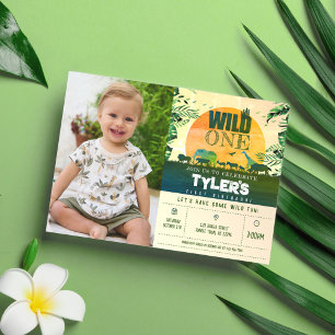 Invitación Animales Safari Salvajes Verdes Una foto Primer Cu