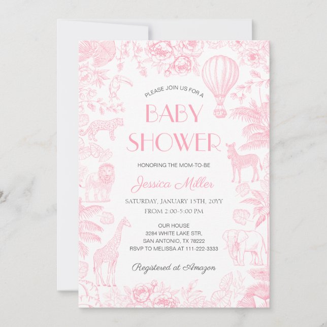 Invitación Animales Safari Toile De Jouy Chica Baby Shower (Anverso)