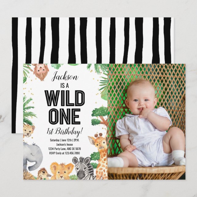 Invitación Animales Safari Wild One Birthday White Photo (Anverso / Reverso)