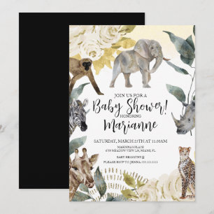 Invitación Animales Salvajes Baby Shower Brillo Dorado Falso