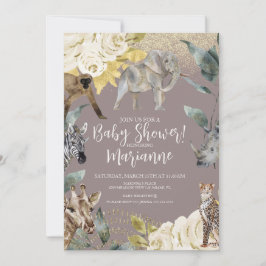 Invitación Animales Salvajes Baby Shower Glitter Rosa Polvo 