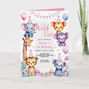 Invitación Animales salvajes chica de globo 1 cumpleaños