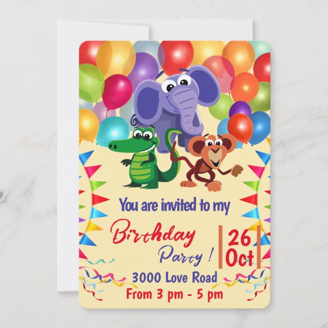 Invitación Animales salvajes con globos y cintas (Anverso)