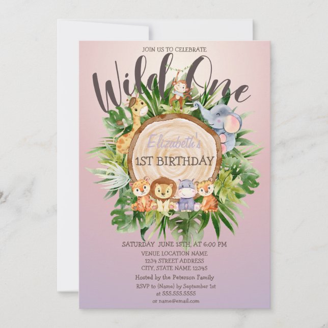 Invitación Animales Salvajes Cumpleaños Brillante Madera   (Anverso)