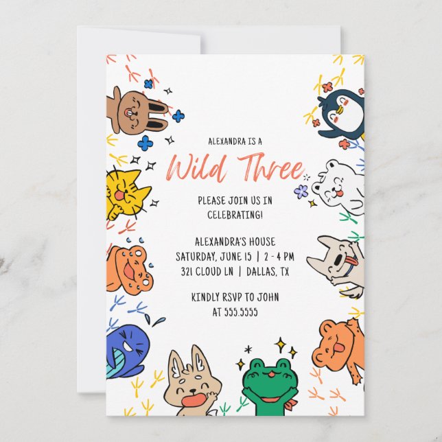 Invitación Animales salvajes de 3 animales de 1 cumpleaños In (Anverso)