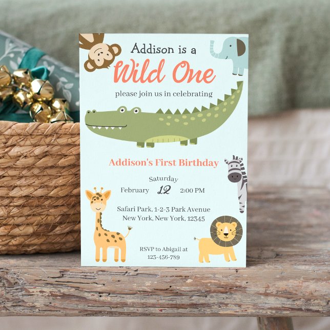Invitación Animales salvajes de Safari de un solo sabor prime (Wild One African Safari Animals 1st Birthday Party Invitation)