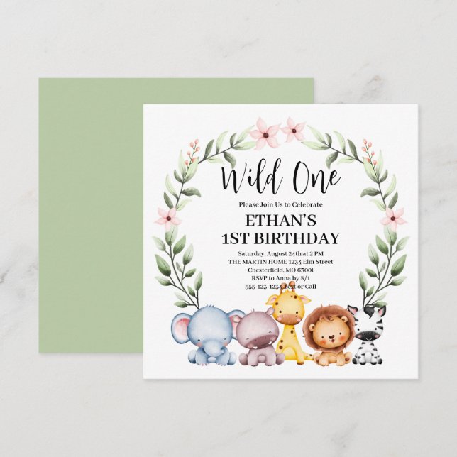 Invitación Animales salvajes de Safari de una selva primer cu (Anverso / Reverso)