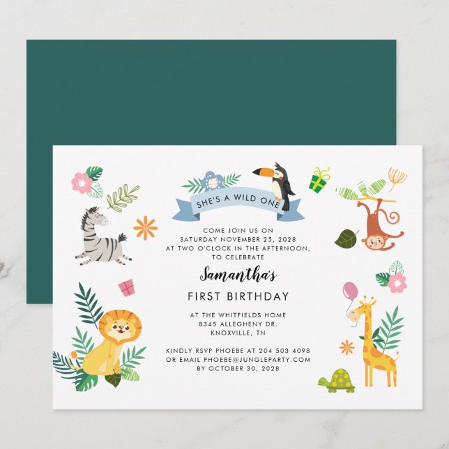 Invitación Animales salvajes de Safari de una selva primer cu (Anverso / Reverso)