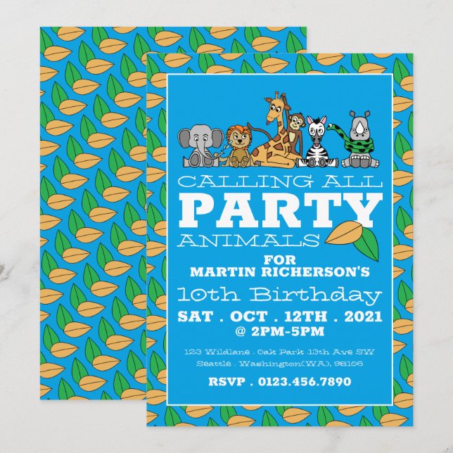 Invitación Animales salvajes de Safari, fiesta de cumpleaños  (Anverso / Reverso)