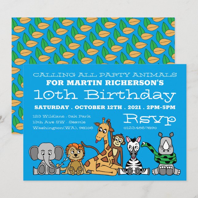 Invitación Animales salvajes de Safari, fiesta de cumpleaños  (Anverso / Reverso)