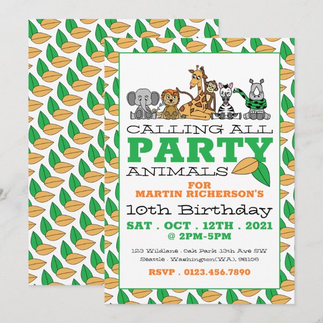 Invitación Animales salvajes de Safari, fiesta de cumpleaños  (Anverso / Reverso)