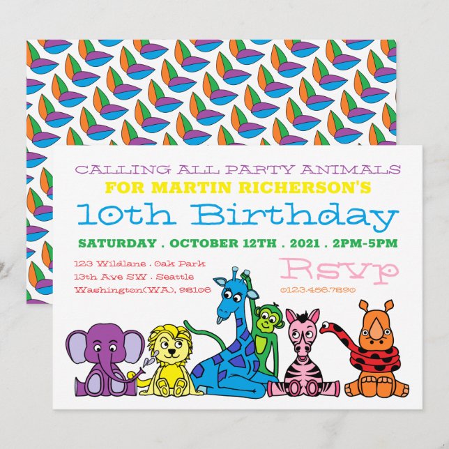 Invitación Animales salvajes de Safari, fiesta de cumpleaños  (Anverso / Reverso)