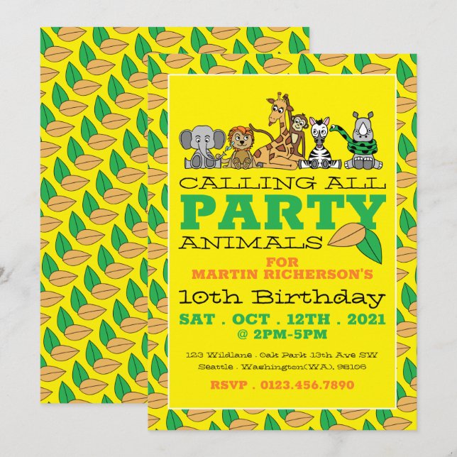Invitación Animales salvajes de Safari, fiesta de cumpleaños  (Anverso / Reverso)