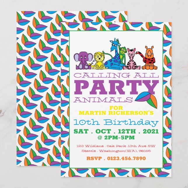 Invitación Animales salvajes de Safari, fiesta de cumpleaños  (Anverso / Reverso)