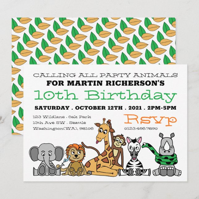 Invitación Animales salvajes de Safari, fiesta de cumpleaños  (Anverso / Reverso)