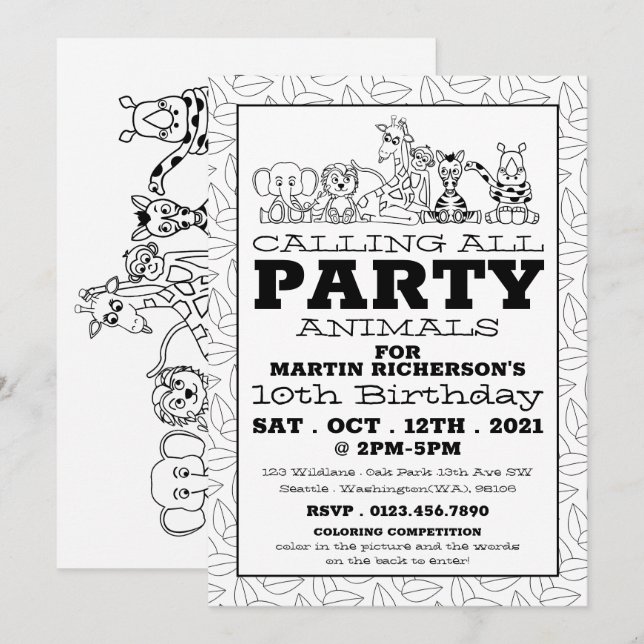 Invitación Animales salvajes de Safari, fiesta de cumpleaños  (Anverso / Reverso)