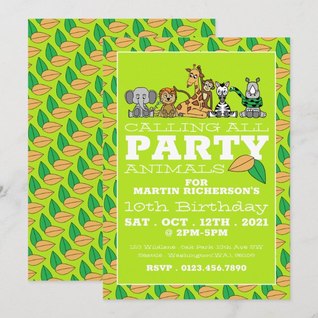 Invitación Animales salvajes de Safari, fiesta de cumpleaños  (Anverso / Reverso)