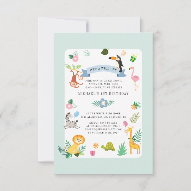Invitación Animales salvajes de Safari primer Fiesta de la se (Anverso)