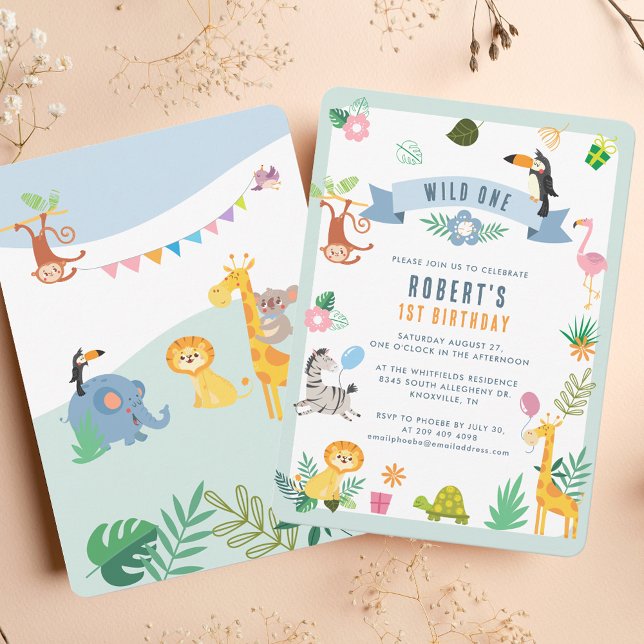 Invitación Animales salvajes de un safari Fiesta de la selva  (Wild One Safari Animals 1st Birthday Jungle Party Invitation)